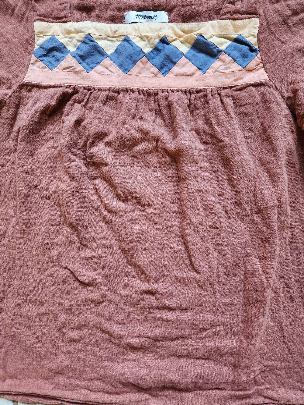 Madewell Patchwork Square Neck Gauze Blouse Top M Brown Burnt Clay Boho - Picture 5 of 13